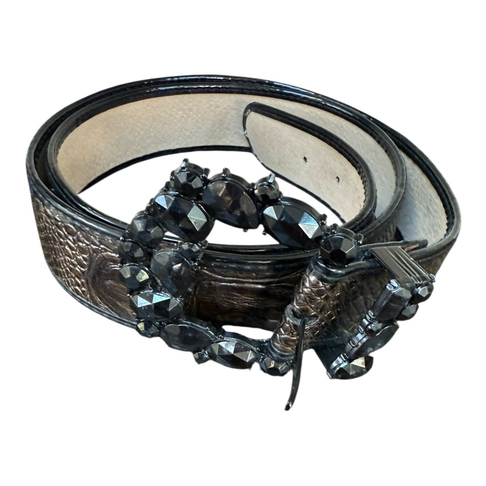 Chico's Brown Croc Snake Black Jeweled Large Buckle Leather Belt Women’s Large